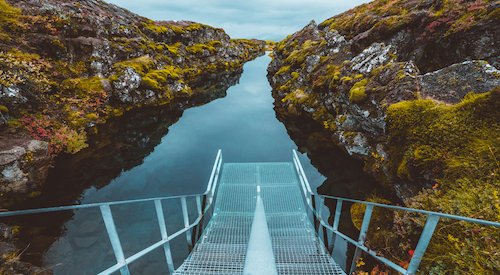 Metal platform at Silfra rift filled with water, Iceland